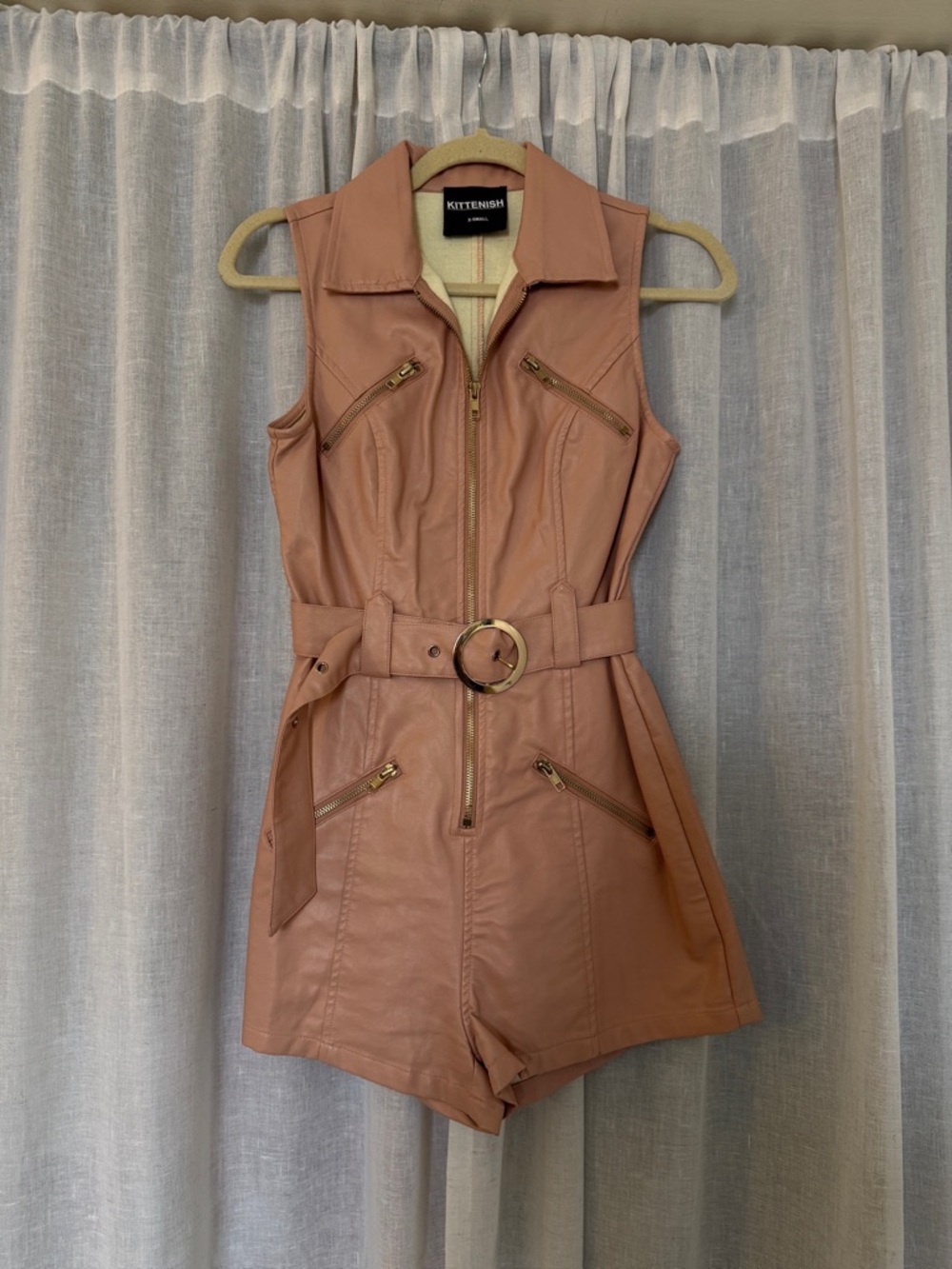 KITTENISH Dusty Rose Faux Leather Sleeveless Romper with Belt